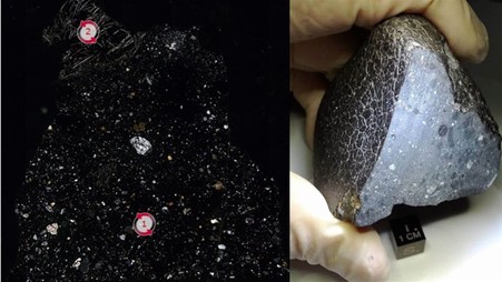 A carbonaceous chondrite meteorite under the microscope and hand specimen