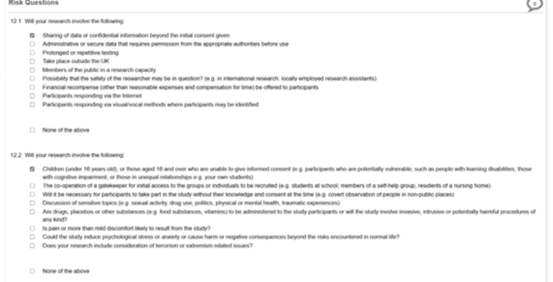 Screenshot of an online form with questions and checkboxes next to the questions
