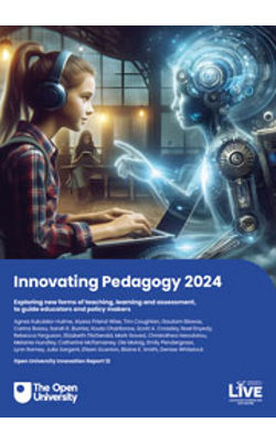 The front cover of the Innovating Pedagogy 2024 report, with a young girl wearing headphones and a robot looking at each other