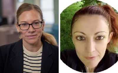 Jitka Vseteckova on the left wearing glasses, a striped blue and white top and a dark coloured jacket, and Christothea Herodotou on the right, with her hair in a pony tail and wearing a dark coloured top