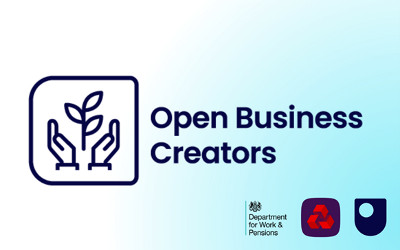 The Open Business Creators logo, with an icon showing a plant coming out of two hands, and Natwest, Open University and Department for Work & Pensions logos