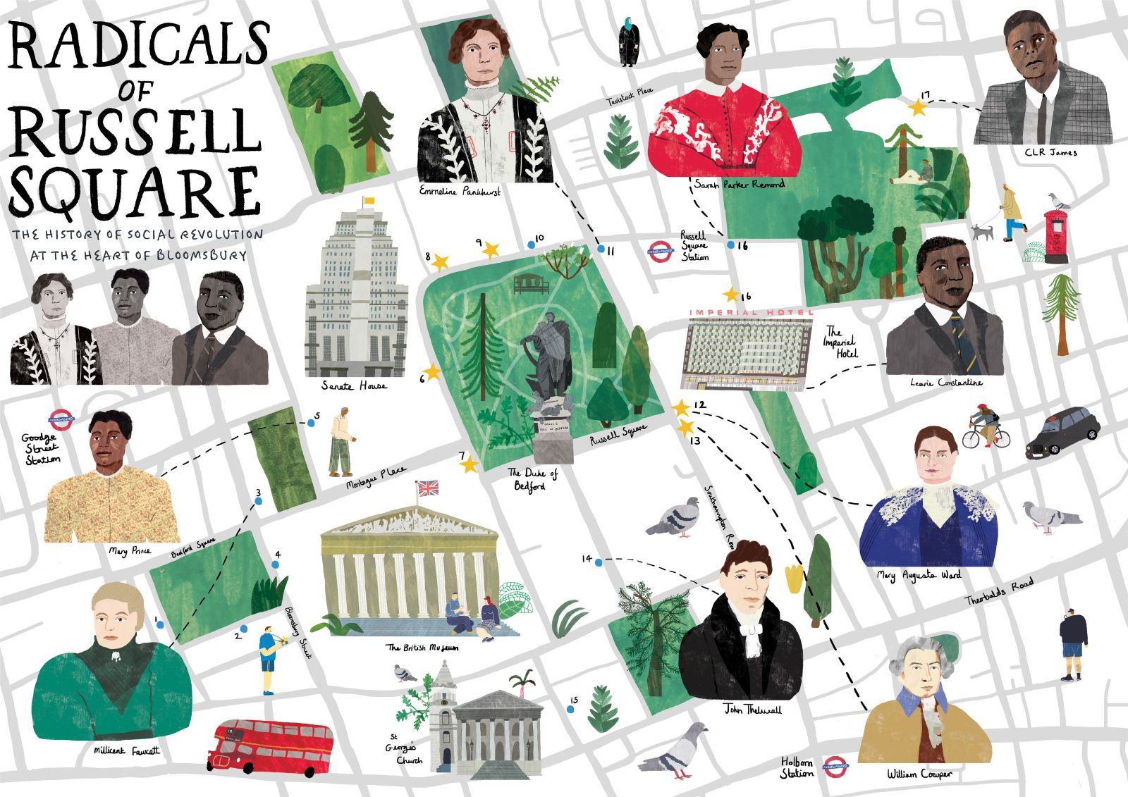 A map entitled 'Radicals of Russell Square' showing drawings of streets, buildings and people