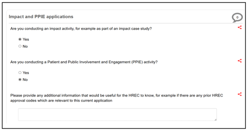 Screenshot showing the impact and PPIE activity options page