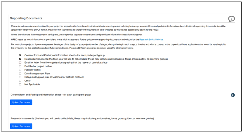 Screenshot showing the supporting document page