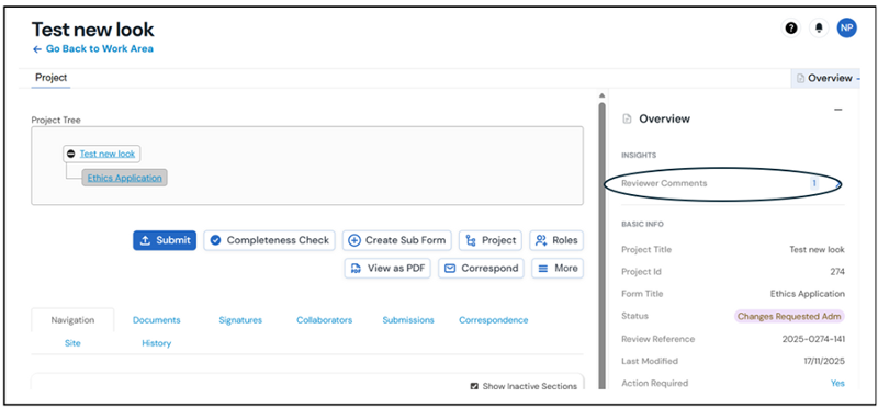 Screenshot of the navigation too with the reviewer comments option circled
