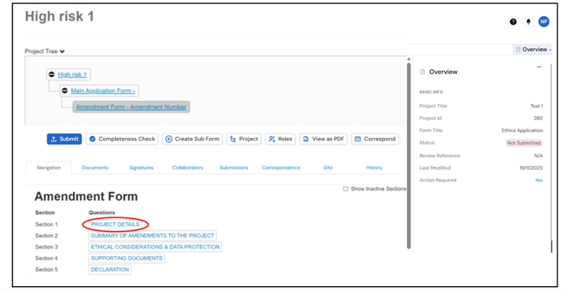 Screenshot of the project status page showing where to select to start filling in the amendment form
