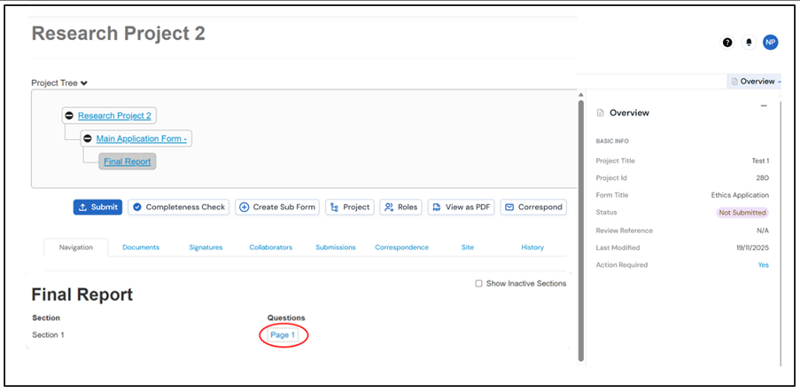 Screenshot of the project status page showing where to select to start filling in the form