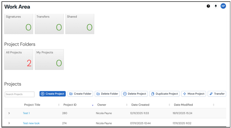 Screenshot of the applicant landing page/work area