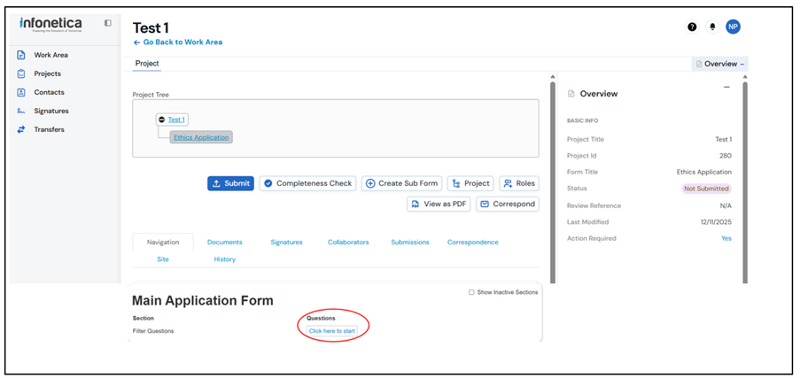 Screenshot of the project application page