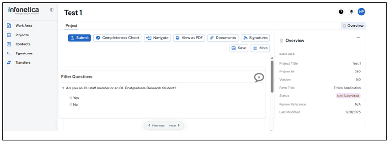 Screenshot of the first filter question of the application