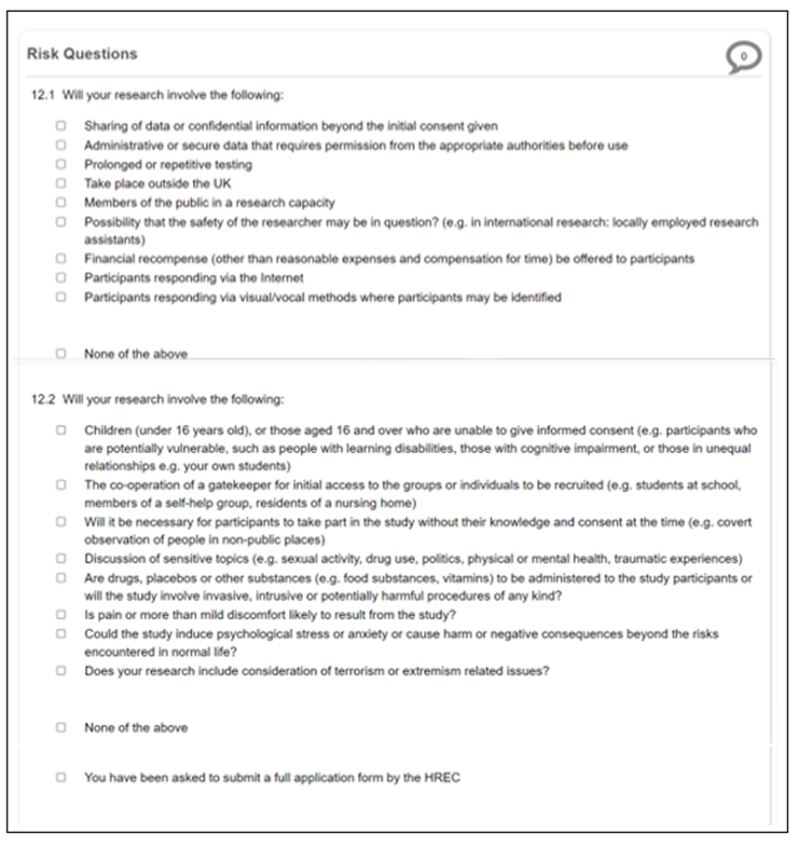 Screenshot of the Risk Questions page