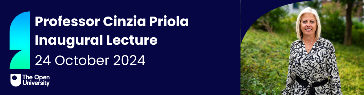 Professor Cinzia Priola, with blond hair and wearing a black and white dress, and the words 'Professor Cinzia Pirola, Inaugural Lecture, 24 October 2024