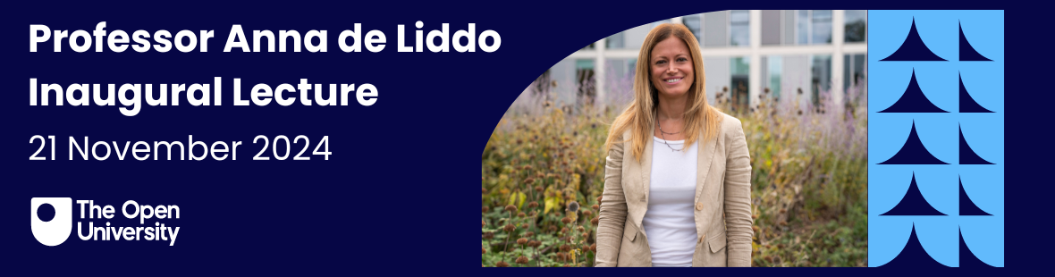 Anna de Liddo, with long blonde hair, wering a white top and cream jacket, standing in front of plants, with the words Professor Anna de Liddo, Inaugural Lecture, 21 November 2024