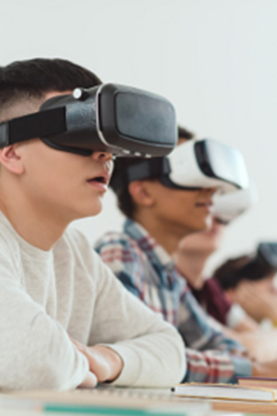 People wearing virtual reality headsets