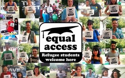 Equal Access logo and photos of members of the public with welcoming signs for refugees