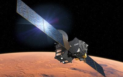 The ExoMars Trace Gas Orbiter flying over Mars