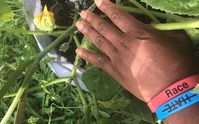 Photo of a hand with a bracelet saying race with the word hate crossed out