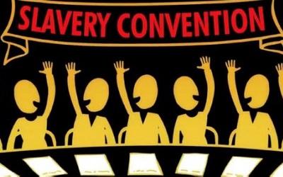Cartoon image with the text 'slavery convention'