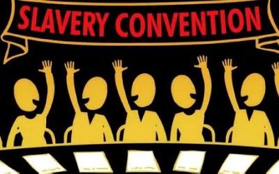 Cartoon image with the text 'slavery convention'