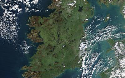 An arial view of Northern Ireland and Ireland, surrounded by blue sea