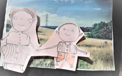 Drawing of two people holding hands with a grassy field background