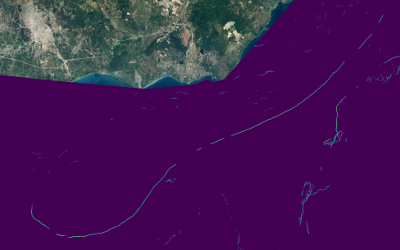 A mass of land surrounded by purple coloured sea with blue lines in it representing plastic pollution