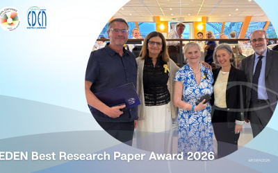Three ladies and two men standing together in a row, with the words EDEN Best Research Paper Award 2026 on the bottom left-hand side of the image