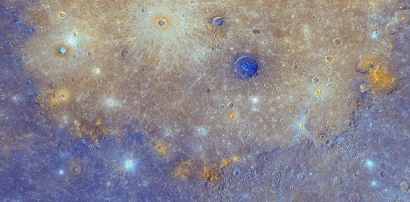 MESSENGER enhanced colour image showing the southern half of Mercury’s Caloris basin, hosting several red spots. NASA/JHUAPL/CIW, Author provided 