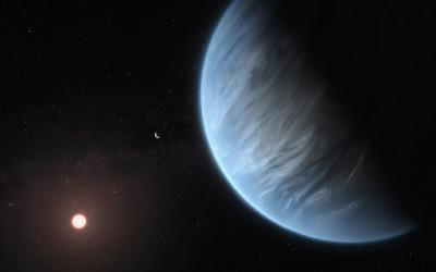 An exoplanet with it's host star in the distance against a black background