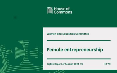 The front cover of the Female entrepreneurship report with a green background and green writing against a white background