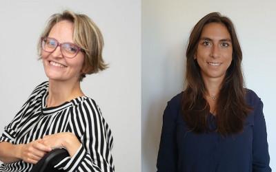 Chiara Berneri on the left with blonde, short hair and wearing glasses and a black and white coloured top, and Chiara Berneri on the right, with long, dark hair and wearing a blue top