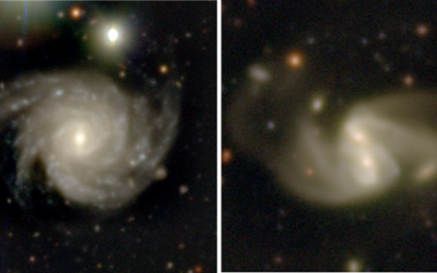 Black background with white swirls and lights. Credit: H20/Cosmic Dawn selected by Galaxy Zoo Talk Users