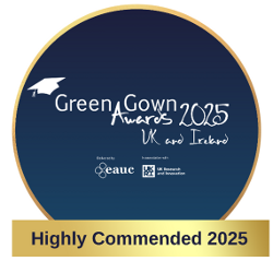 A blue circle with the words 'Green Gown Awards 2025 UK and Ireland' in white inside it, and the words 'Highly Commended 2025 in blue inside a gold-coloured rectangle