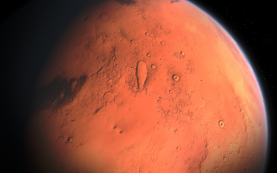 View of Mars, with its red surface and black background