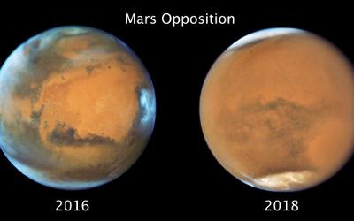 Images of Mars under clear conditions (left) and during the 2018 Global Dust Storm (right). Credit: NASA, ESA, STScl.