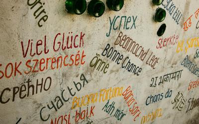 Words in different languages and different colours written on a white wall