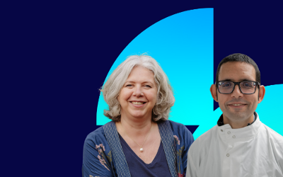 Victoria Nicholas and Francesco Crea against a dark blue and light blue background