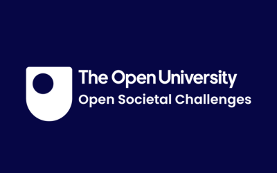 The words The Open University, Open Societal Challenges in white, and the OU shield, against a blue background