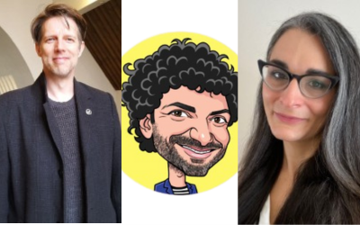 Paul-Francois Tremlett (left-, wearing a grey shirt and jacket), a cartoon image of Christian Mirra (centre), and Precious Chatterje Doody (right, with long grey hair and wearing glasses)
