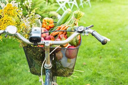 Bicycle basket full of fruit and vegetables