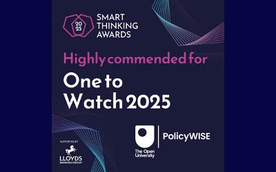 The Smart Thinking Awards 2025 logo, with the words "Highly commended for one to watch 2025" on it as well as the Lloyds Bank logo and the Open University PolicyWISE logo