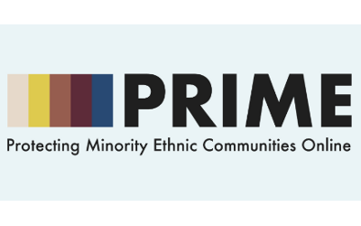 The PRIME logo, with a striped, coloured, banner and the words 'Protecting Ethnic Communities Online'