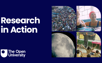 The words 'Research in Action' and the OU logo, with images of the Moon, ladies with swimming hats in a pool, a large group of people and a man standing in front of a blackboard
