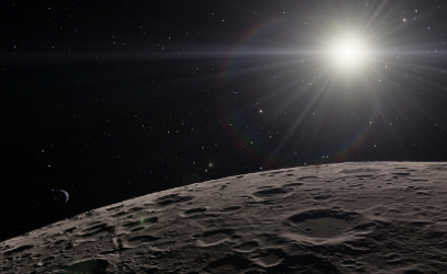 Surface of the Moon with the Sun in the background