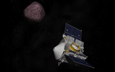 Artist depiction of the OSIRIS REx space probe on it's mission to retrieve a sample from the asteroid Bennu. 