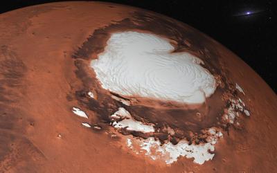 White ice on red surface of Mars