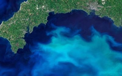 Coastline showing green land and light and dark blue sea