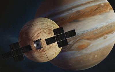 Space ship orbiting Jupiter and one of its moons
