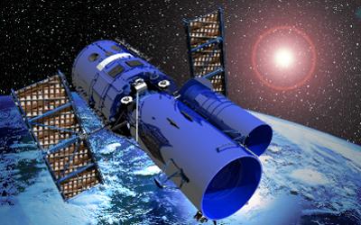 Earth from space with stars and sun flare and space telescope