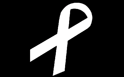 A white ribbon against a black background